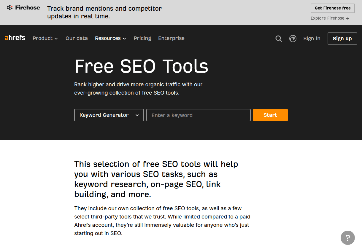Ahrefs' free SEO tools page listing its free checkers