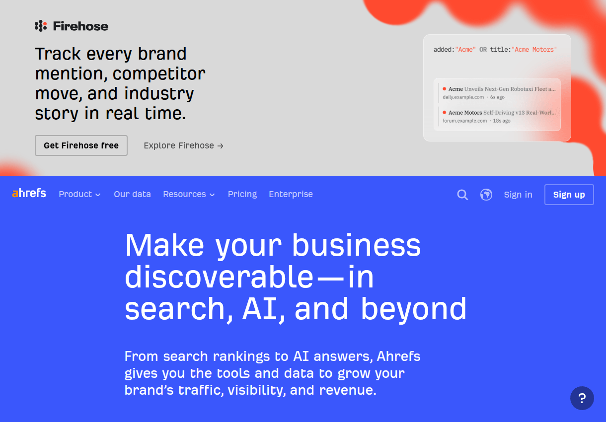 The Ahrefs homepage positioning the suite around search, AI answers and brand visibility