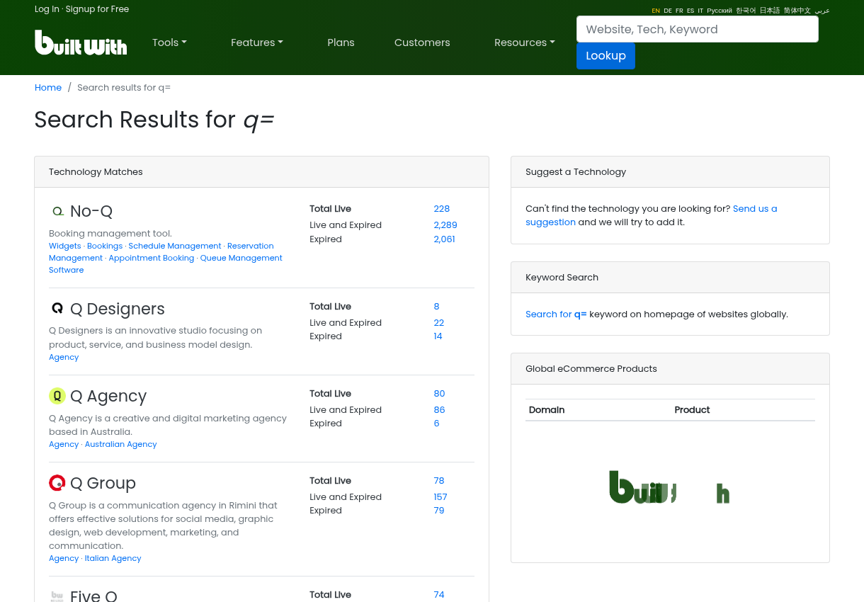 The BuiltWith homepage with its find out what websites are built with lookup box