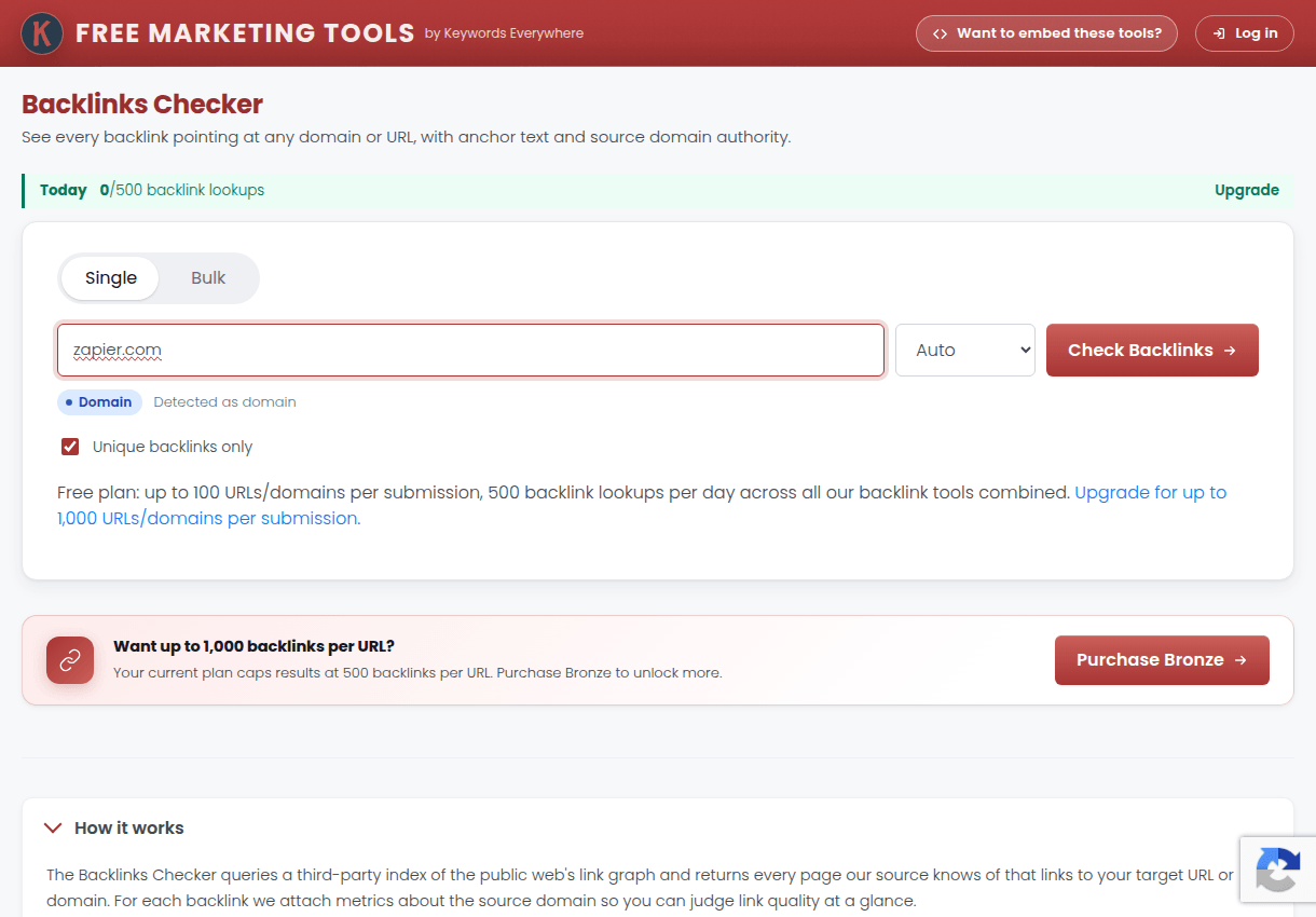 The Backlinks Checker with a domain entered, ready to list linking pages and anchors