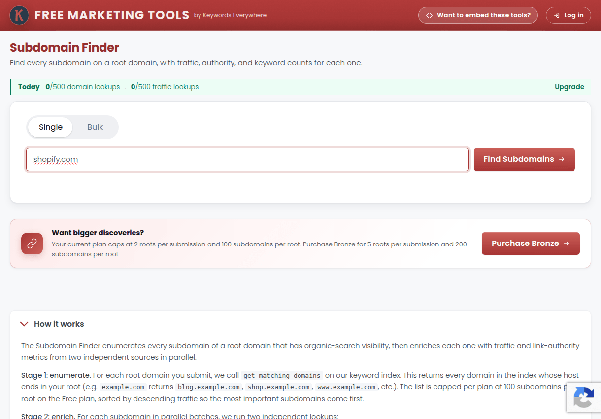 The Subdomain Finder with a domain entered, ready to list its subdomains