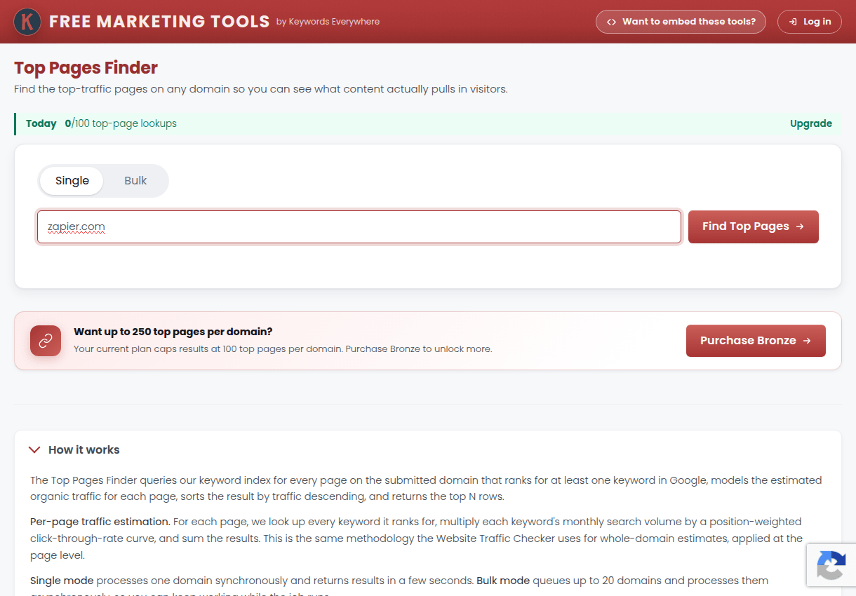 The Top Pages Finder with a domain entered, ready to rank its pages by estimated traffic