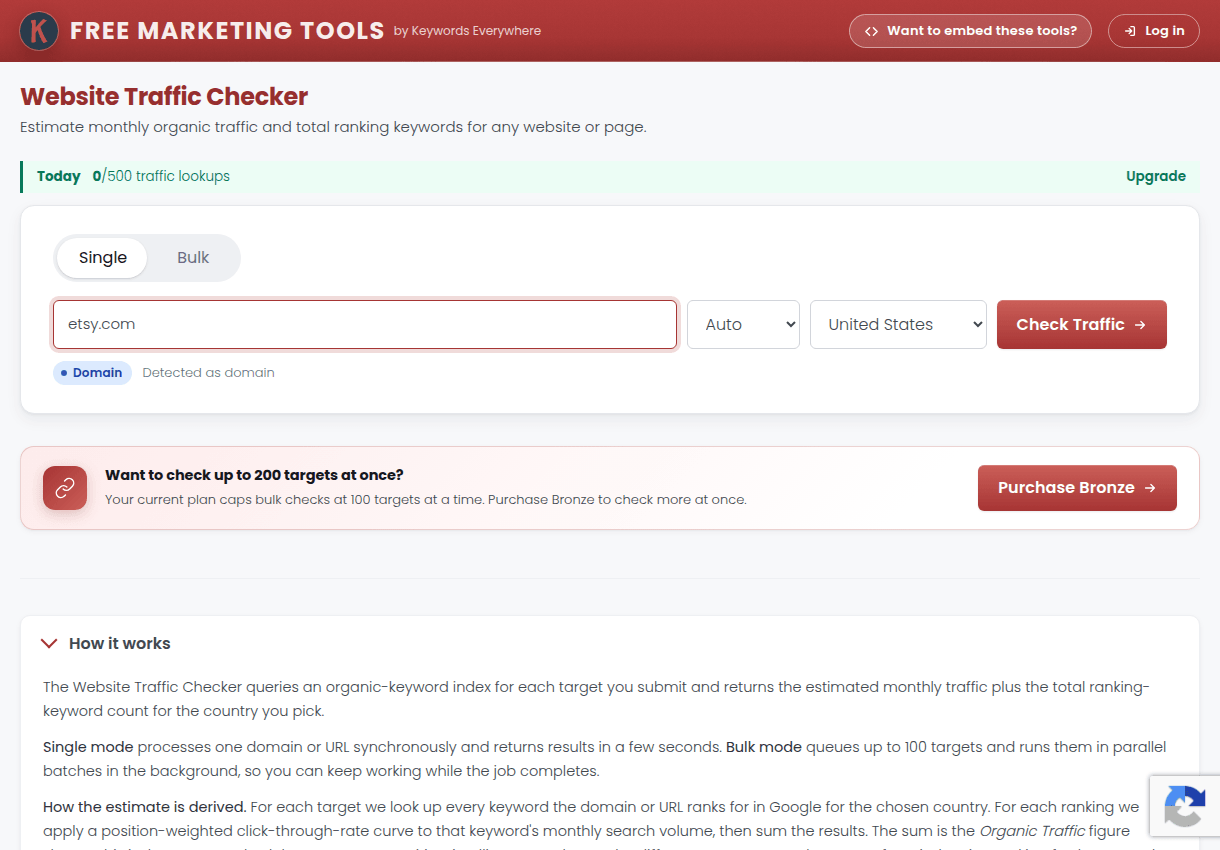 The Website Traffic Checker with a domain entered, ready to estimate monthly organic traffic and ranking keywords