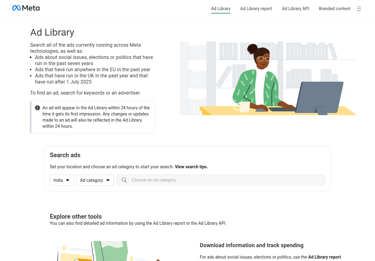 The Meta Ad Library page with its ad search across Facebook and Instagram