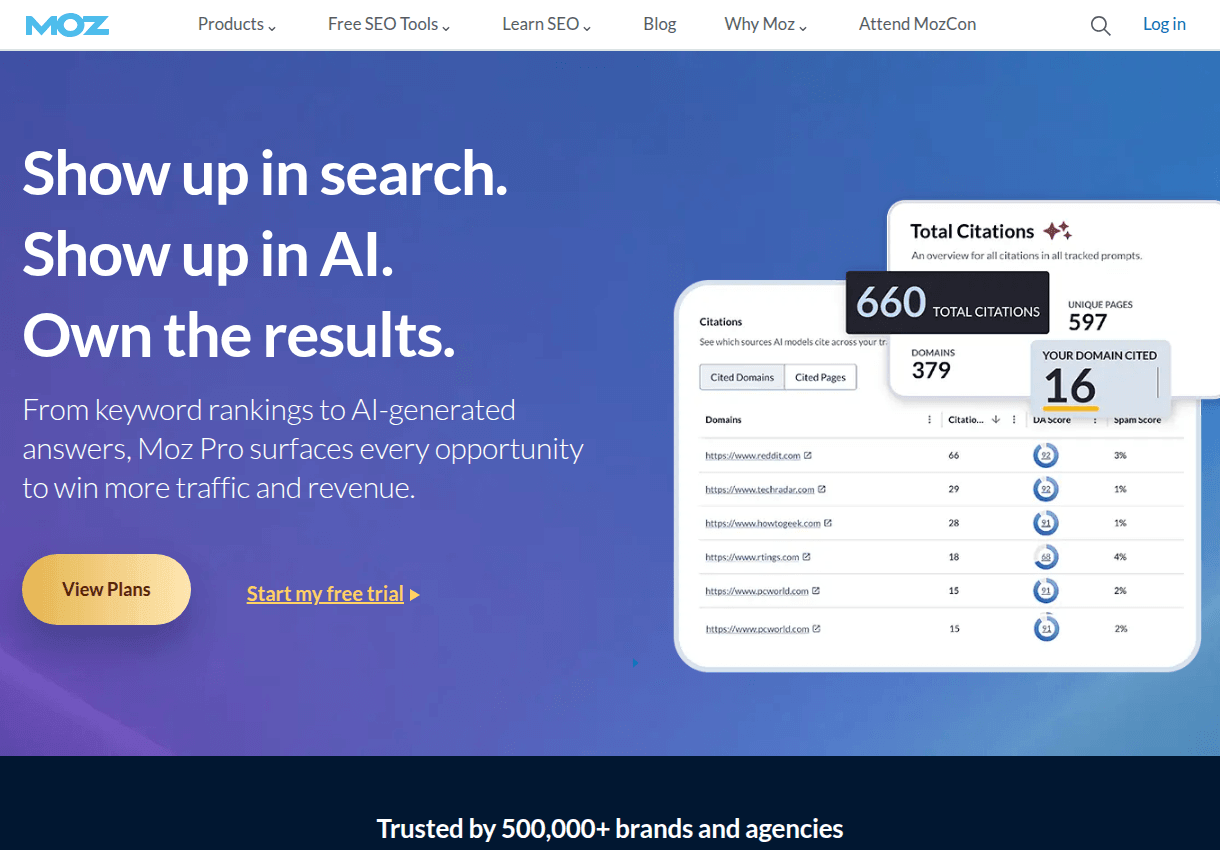 The Moz homepage presenting its SEO and AI search tracking platform