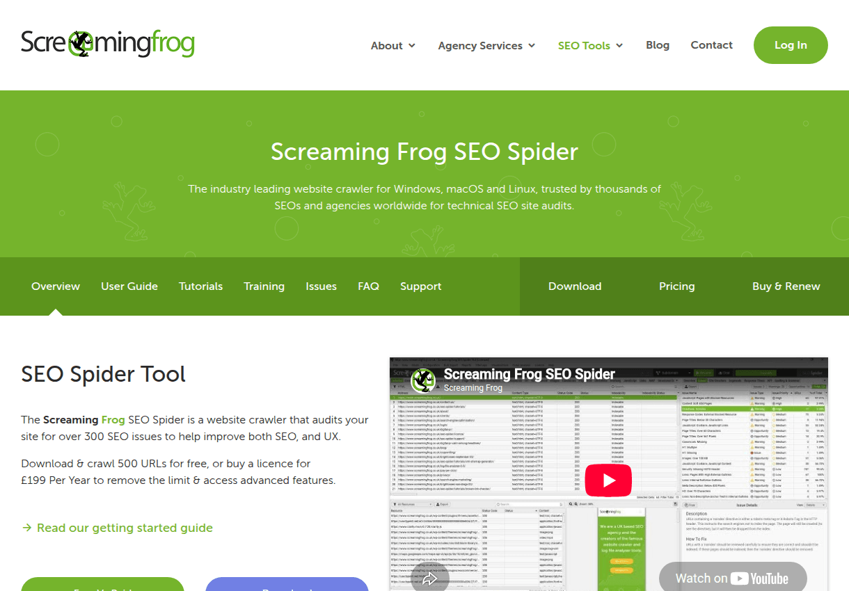 The Screaming Frog SEO Spider website describing the desktop crawler
