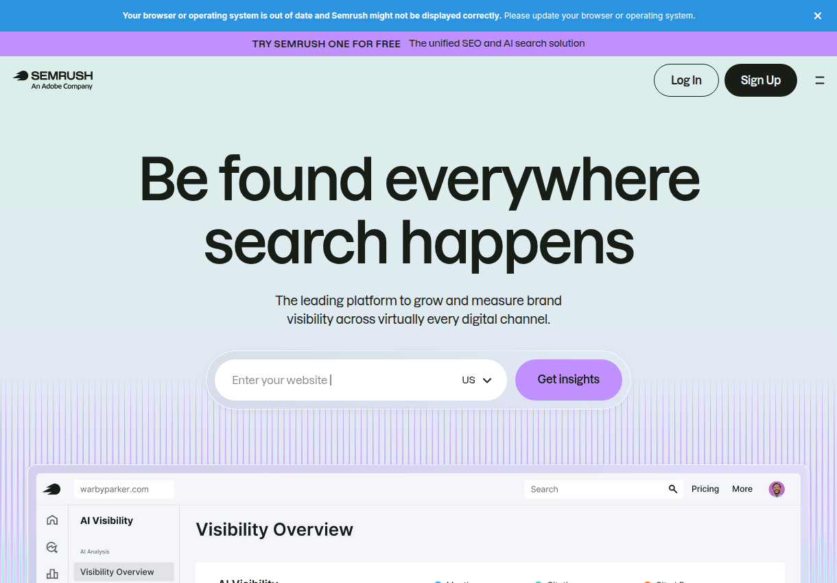 Semrush's homepage with its domain overview search box