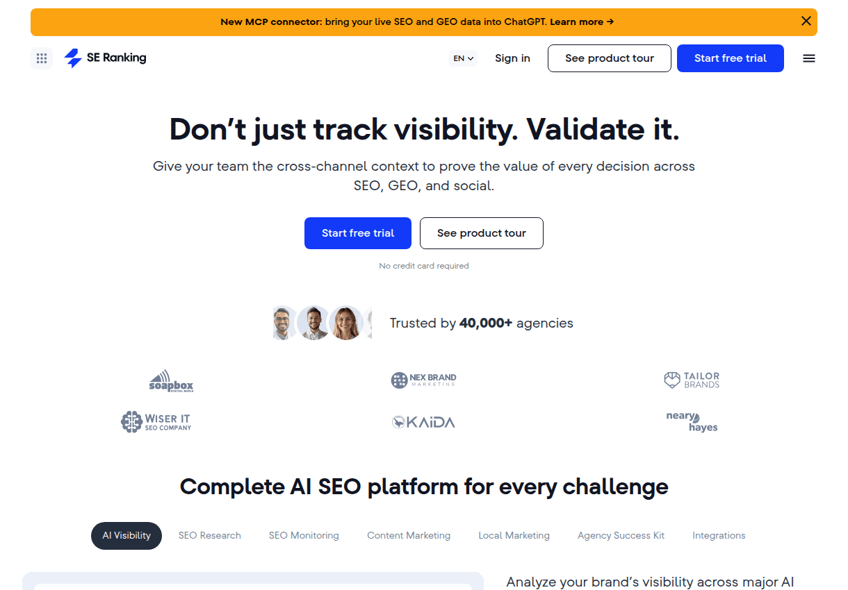 The SE Ranking homepage presenting its SEO platform