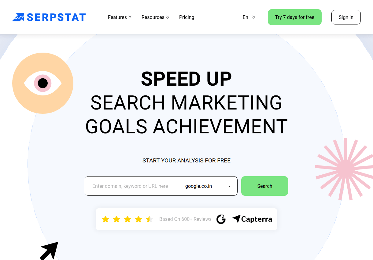 The Serpstat homepage presenting its SEO platform