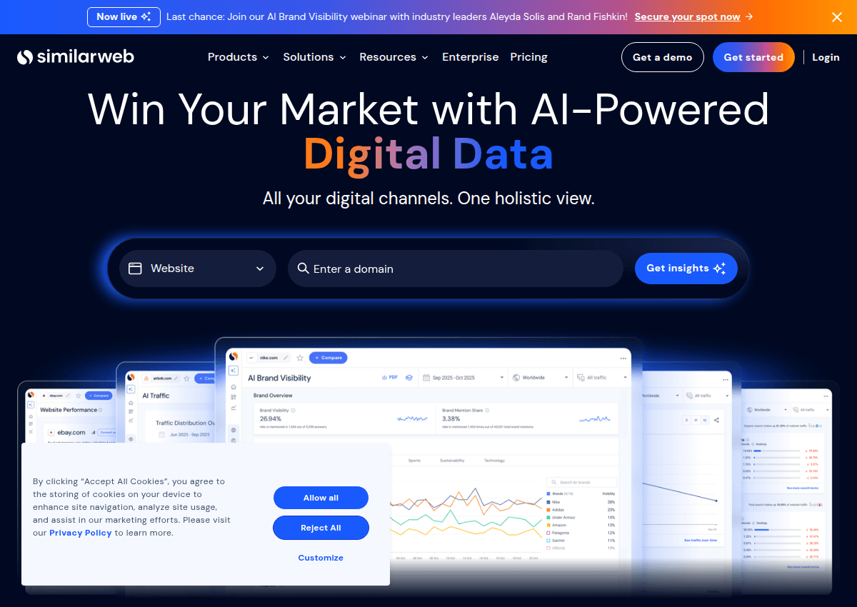 SimilarWeb's homepage with its free website traffic lookup