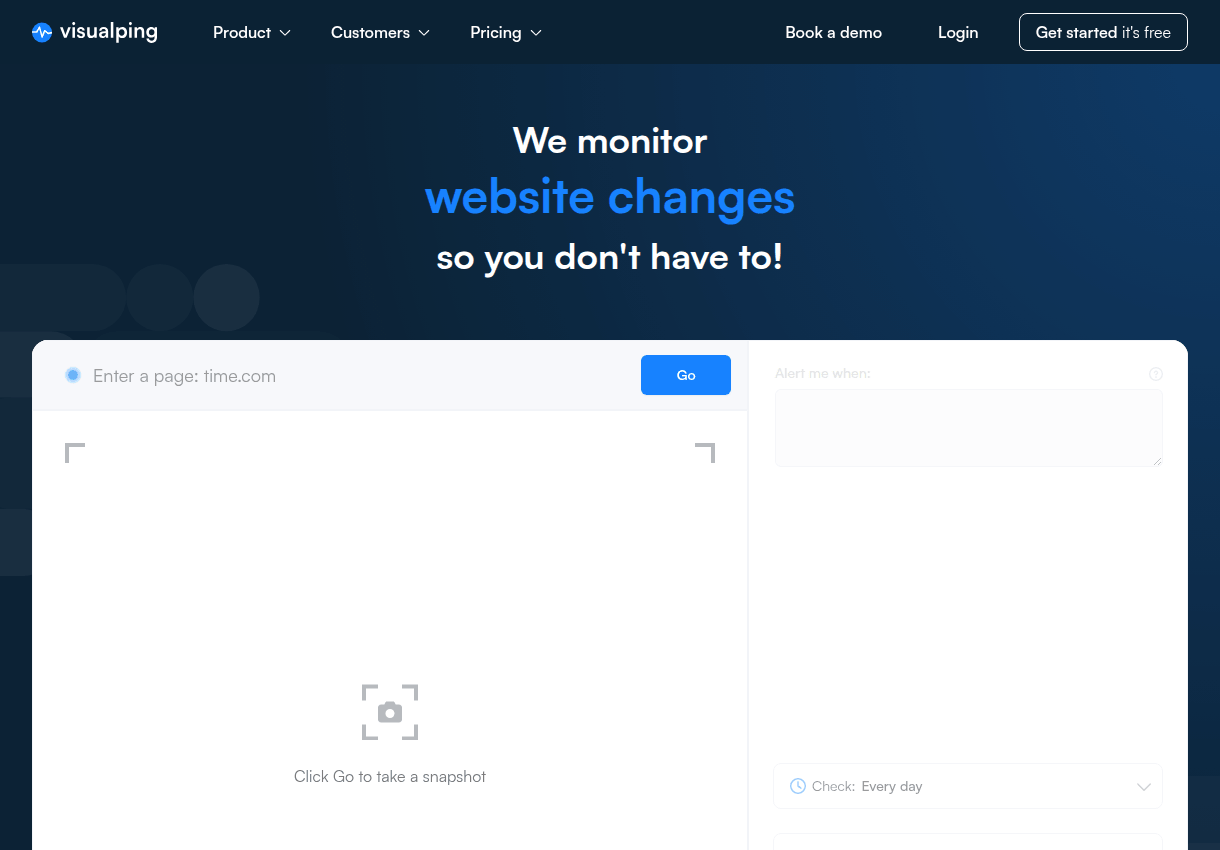 Visualping's homepage with its page change monitoring setup