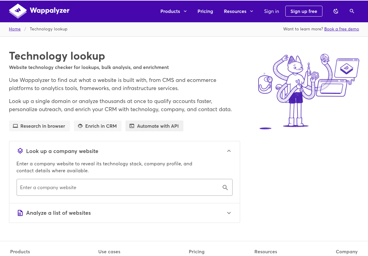 Wappalyzer's homepage describing its technology profiler extension